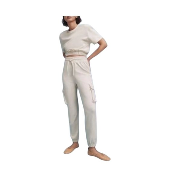 Zara High Waist Cargo Jogger Sweatpants Beige L NWT Neutral Loungewear Casual - Picture 1 of 14